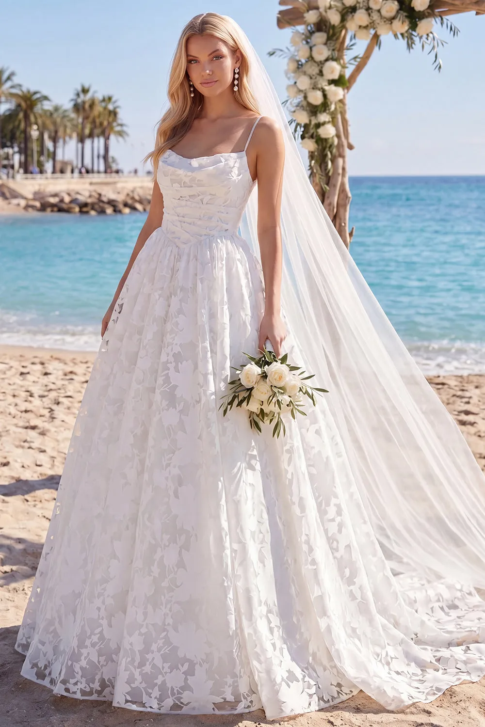 White Floral Print Spaghetti Straps A Line Ruched Wedding Dress with Veil sold by Wedtrend
