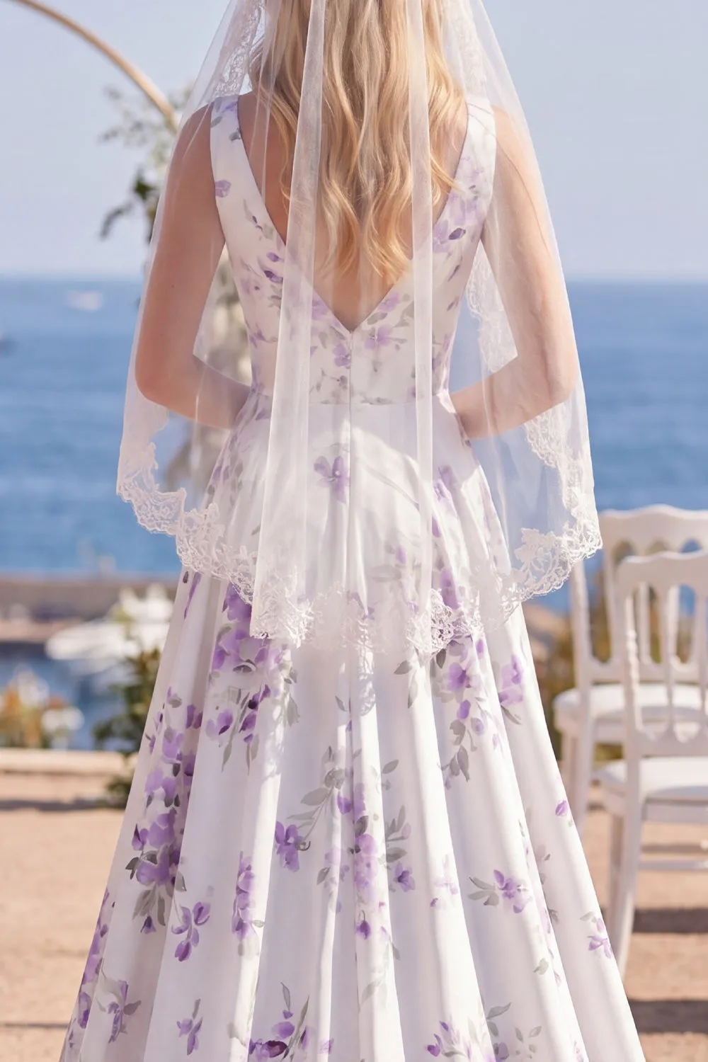 White Purple Flower Printed V-Neck A Line Beach Wedding Dress with Veil sold by Wedtrend product image thumbnail 4