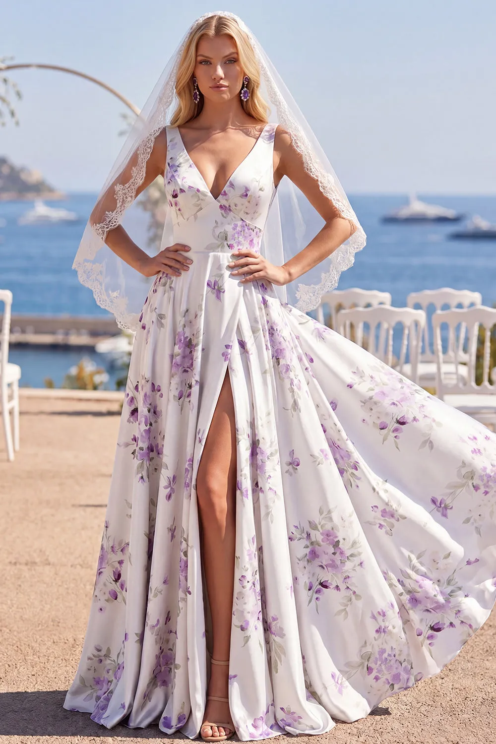 White Purple Flower Printed V-Neck A Line Beach Wedding Dress with Veil sold by Wedtrend