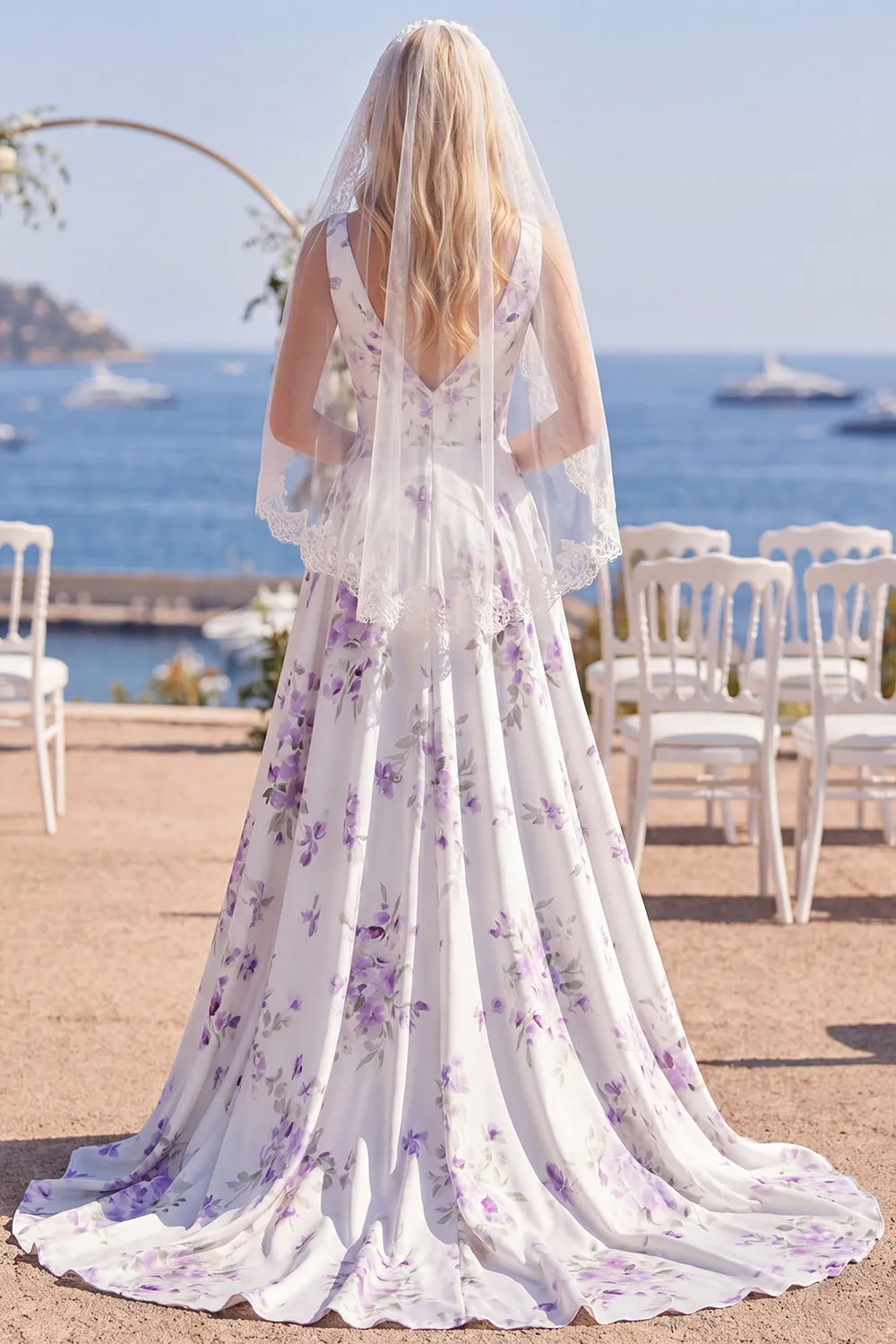White Purple Flower Printed V-Neck A Line Beach Wedding Dress with Veil sold by Wedtrend product image thumbnail 2