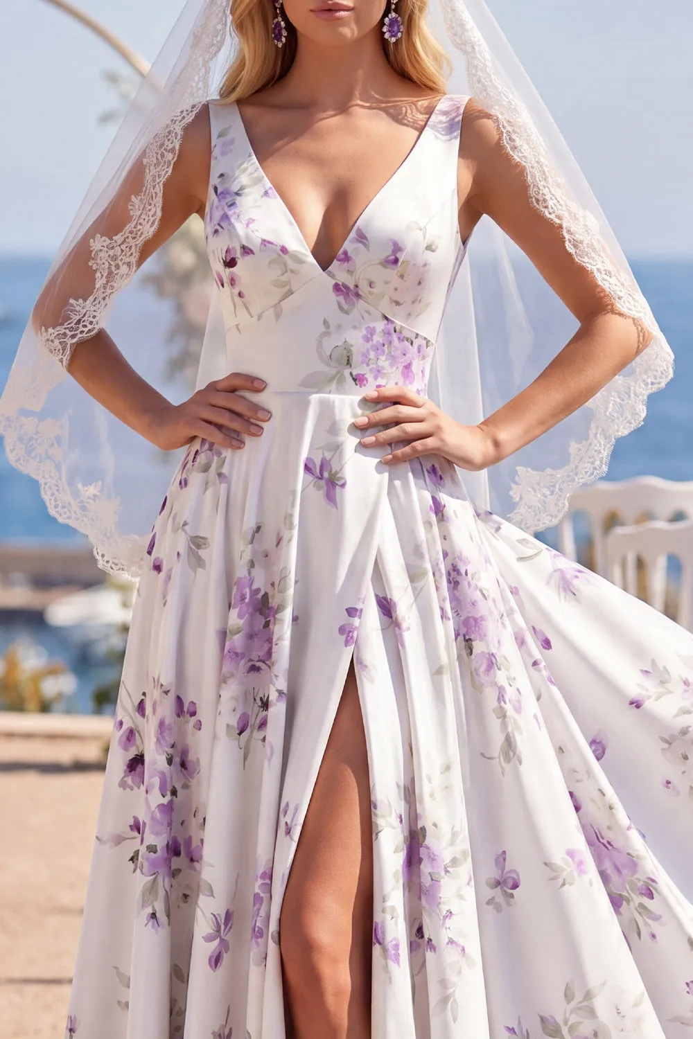 White Purple Flower Printed V-Neck A Line Beach Wedding Dress with Veil sold by Wedtrend product image thumbnail 3
