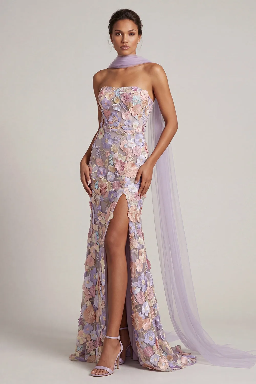 Light Purple Floral Applique Mermaid Strapless Maxi Dress with Slit sold by Wedtrend product image thumbnail 3