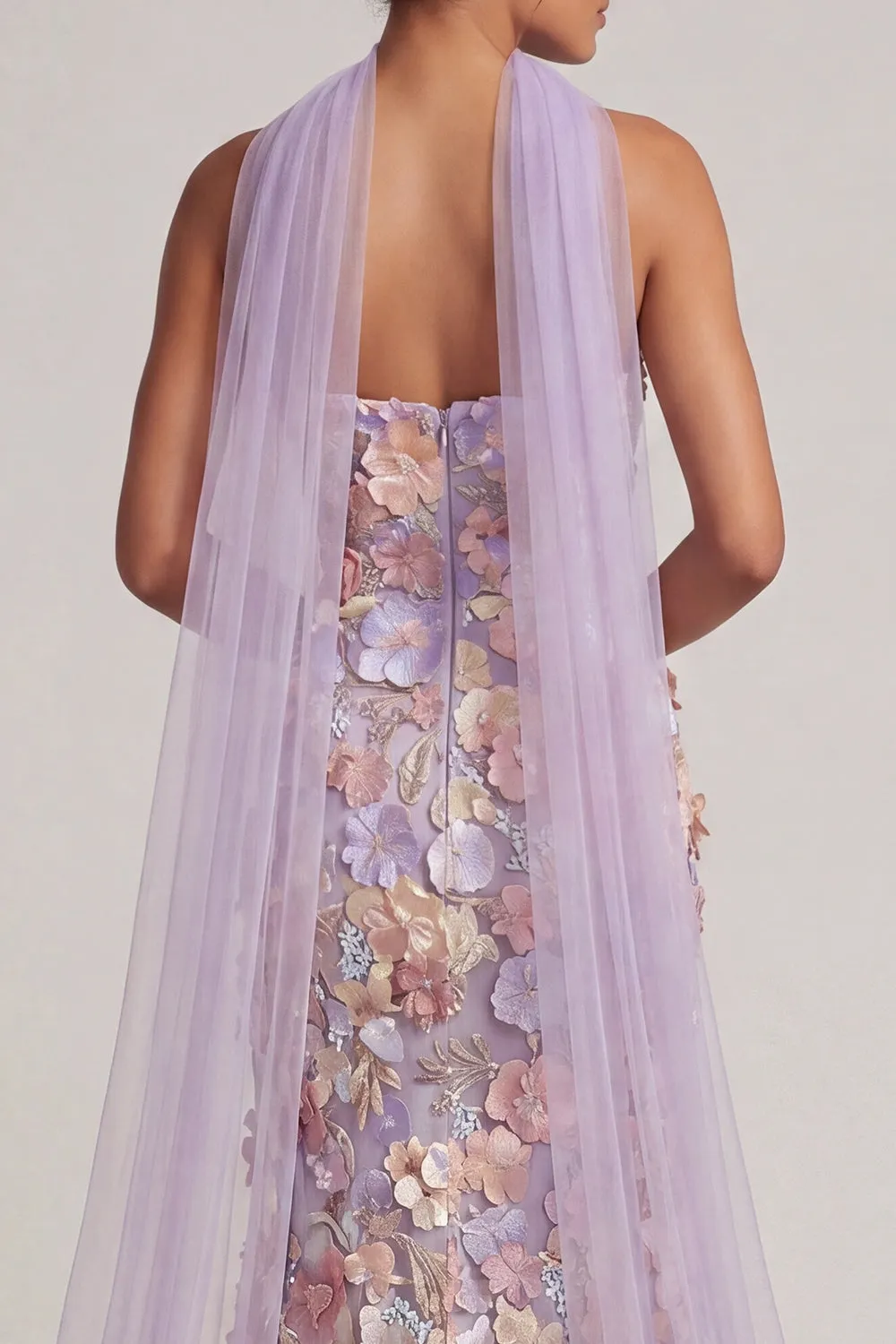 Light Purple Floral Applique Mermaid Strapless Maxi Dress with Slit sold by Wedtrend product image thumbnail 5