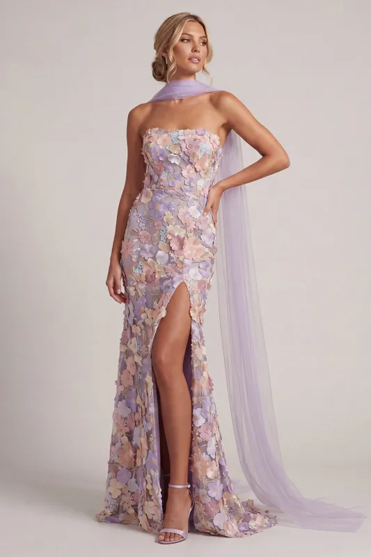 Light Purple Floral Applique Mermaid Strapless Maxi Dress with Slit made by Wedtrend