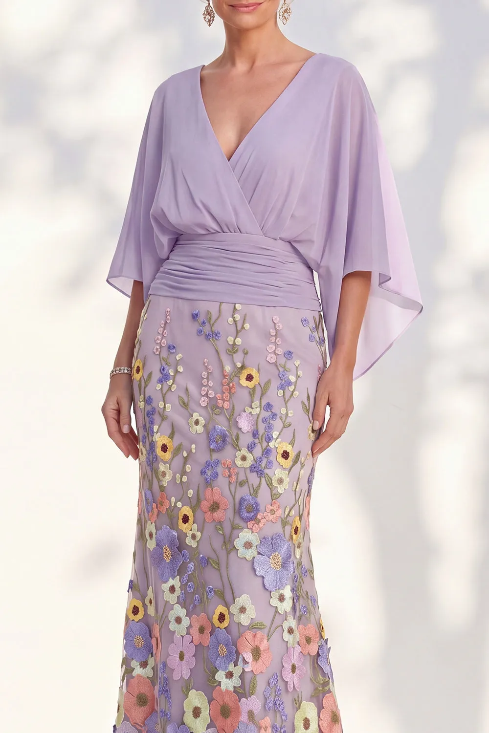 Mermaid Lilac Floral Applique V-Neck Long Mother of the Bride Dress sold by Wedtrend product image thumbnail 3