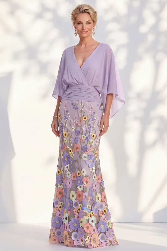 Mermaid Lilac Floral Applique V-Neck Long Mother of the Bride Dress made by Wedtrend