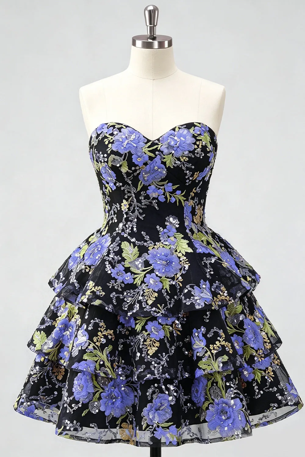Blue Floral Sweetheart Sequin Tiered Ruffle A Line Homecoming Dress sold by Wedtrend product image thumbnail 3