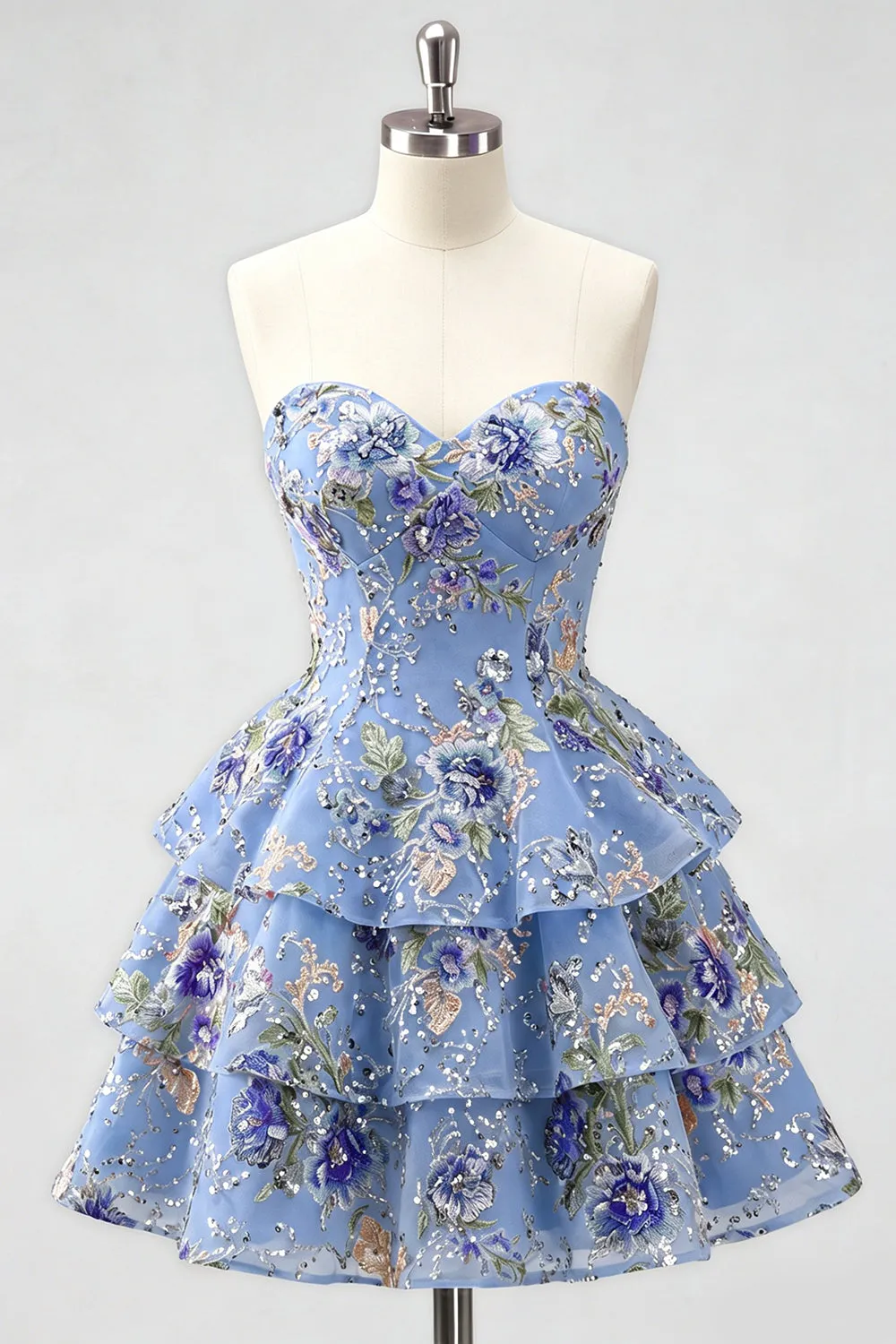 Blue Floral Sweetheart Sequin Tiered Ruffle A Line Homecoming Dress sold by Wedtrend product image thumbnail 5