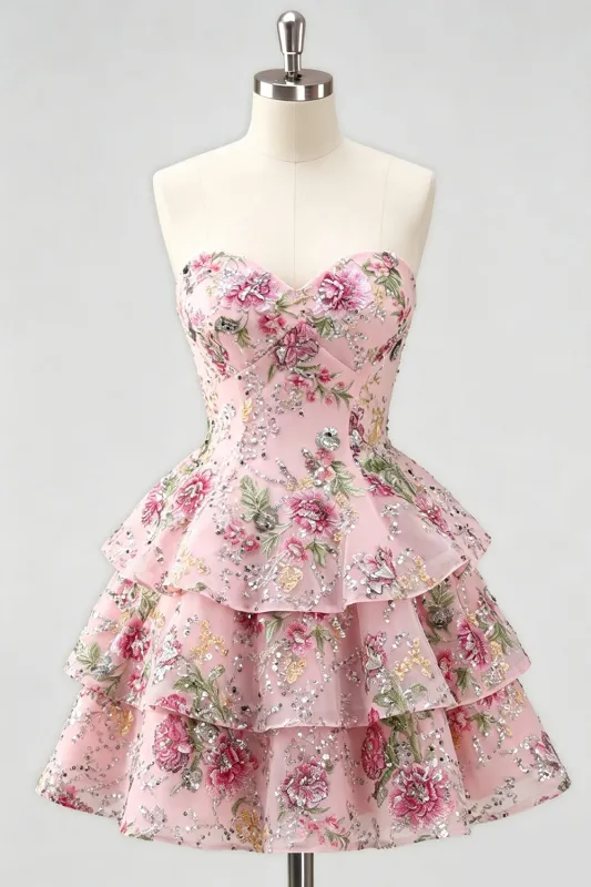 Blue Floral Sweetheart Sequin Tiered Ruffle A Line Homecoming Dress made by Wedtrend