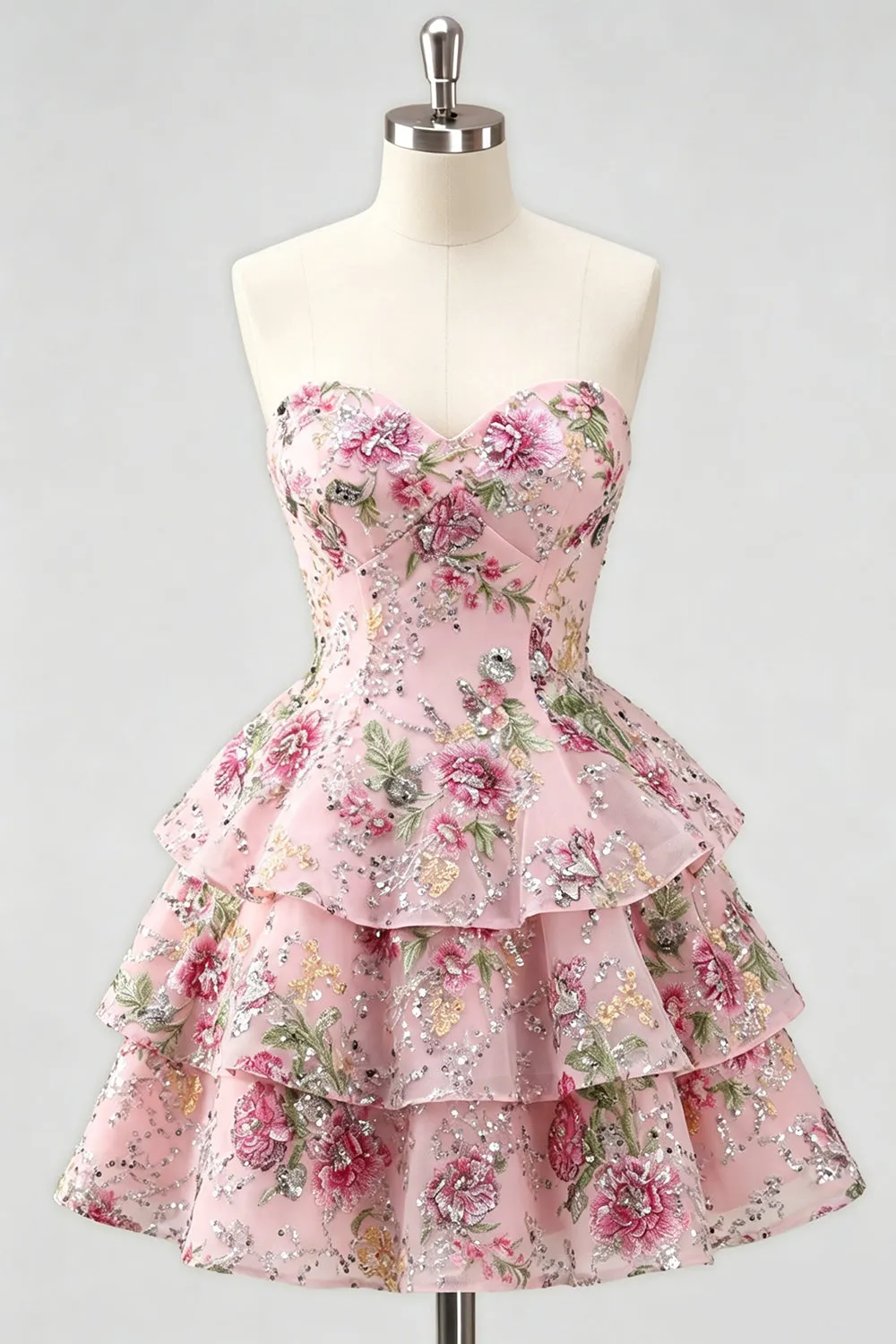 Blue Floral Sweetheart Sequin Tiered Ruffle A Line Homecoming Dress sold by Wedtrend