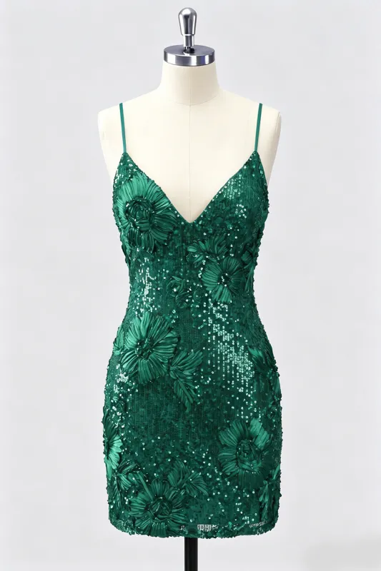 Sequin Bodycon Spaghetti Straps Dark Green Homecoming Dress made by Wedtrend