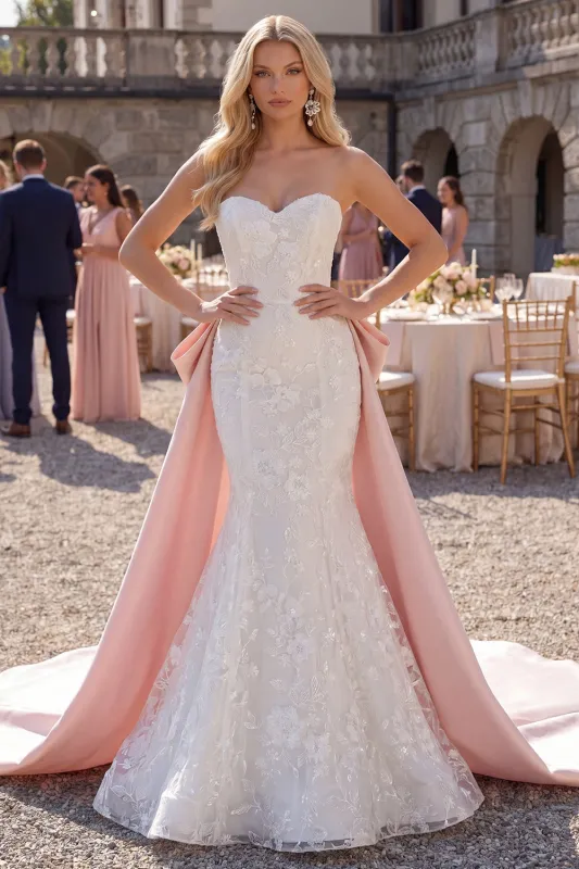 Mermaid White Embroidered Sweetheart Wedding Dress with Giant Satin Bow made by Wedtrend