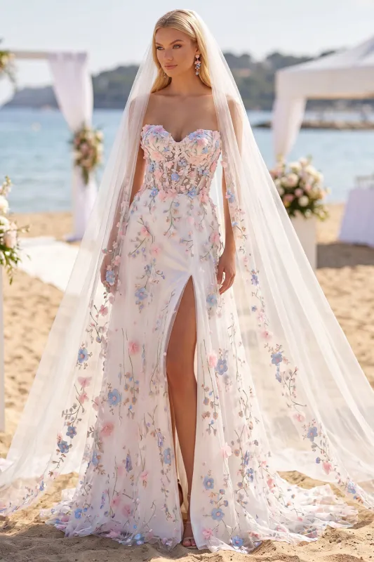 Sweetheart White Pink Flower Embroidered Corset A Line Wedding Dress with Veil made by Wedtrend