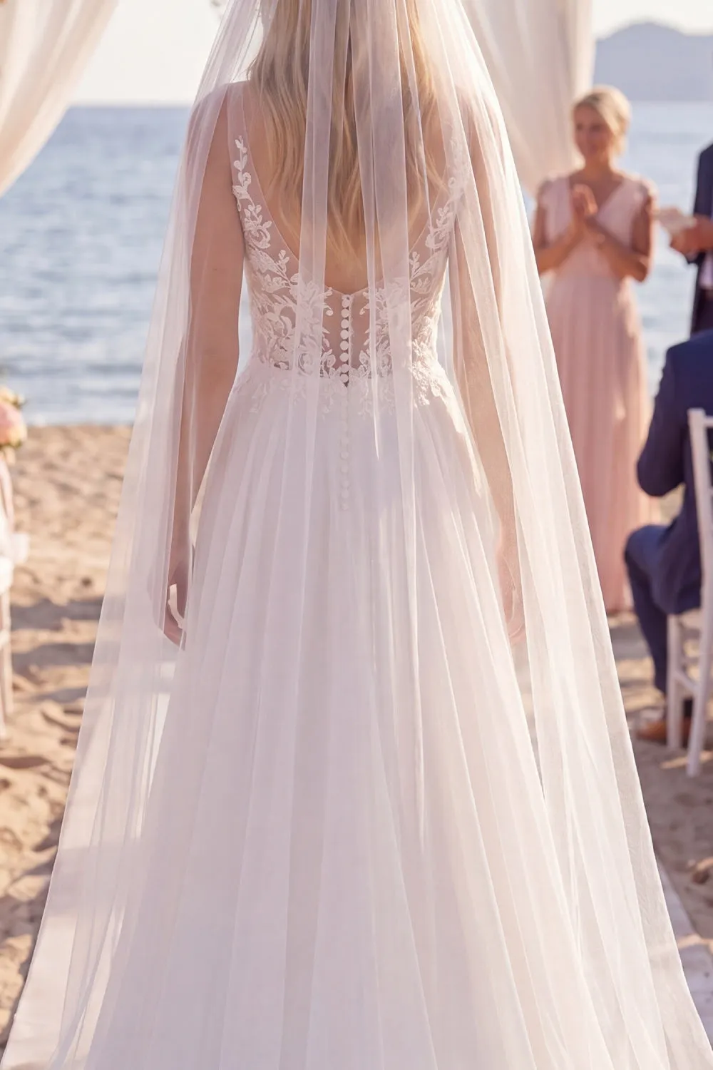 White Embroidered A Line V-Neck Beach Wedding Dress with Veil sold by Wedtrend product image thumbnail 4
