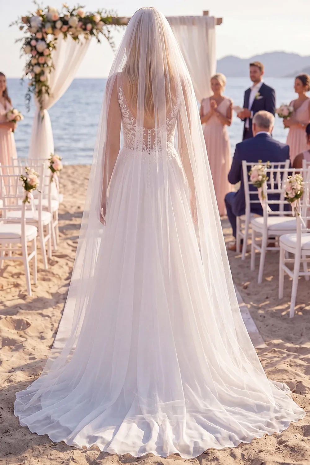 White Embroidered A Line V-Neck Beach Wedding Dress with Veil sold by Wedtrend product image thumbnail 2