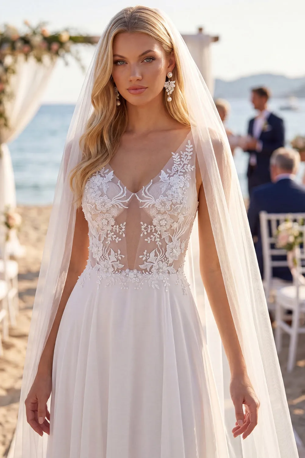 White Embroidered A Line V-Neck Beach Wedding Dress with Veil sold by Wedtrend product image thumbnail 3