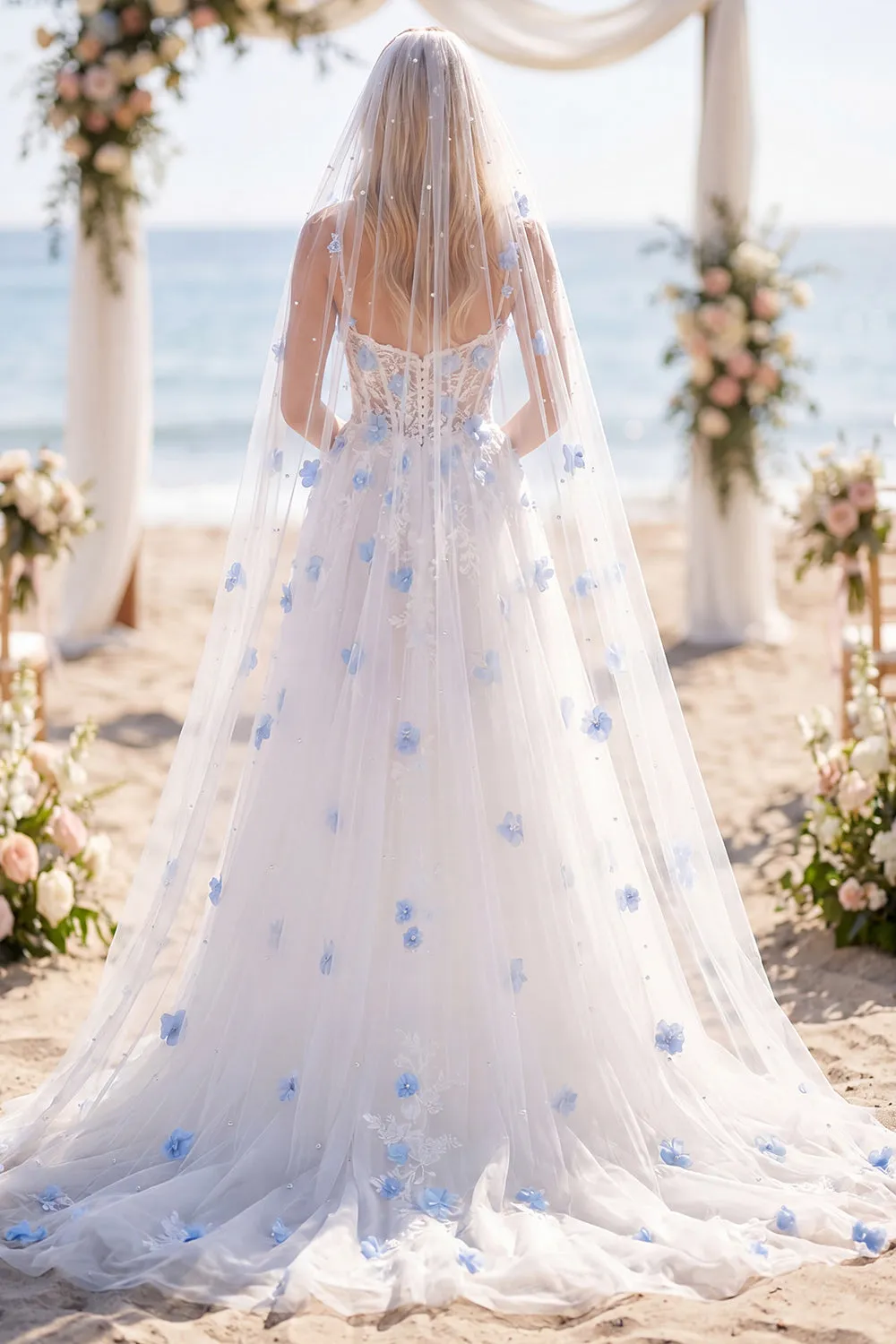 White 3D Flower Corset A Line Wedding Dress with Veil sold by Wedtrend product image thumbnail 2