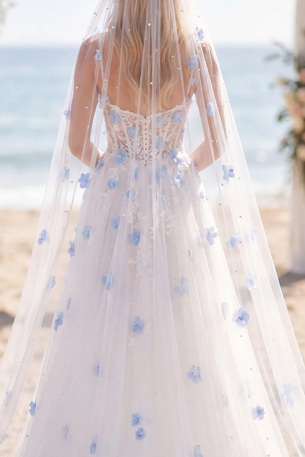 White 3D Flower Corset A Line Wedding Dress with Veil sold by Wedtrend product image thumbnail 4
