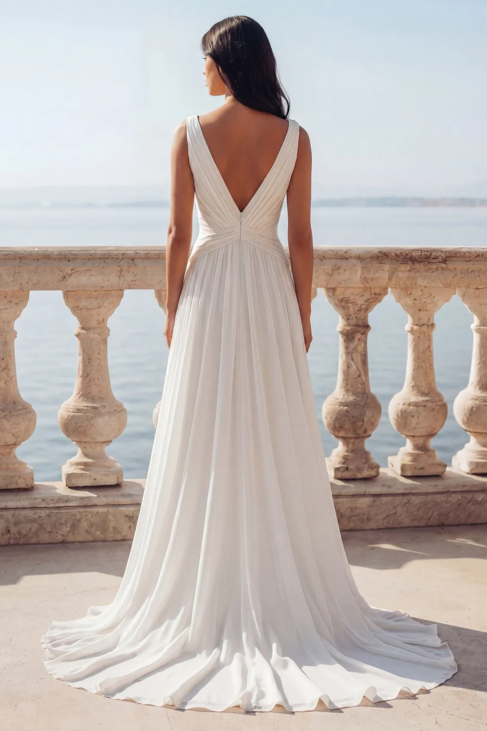 Ivory V-Neck Ruched Twist Front A Line Wedding Dress with Slit sold by Wedtrend product image thumbnail 2