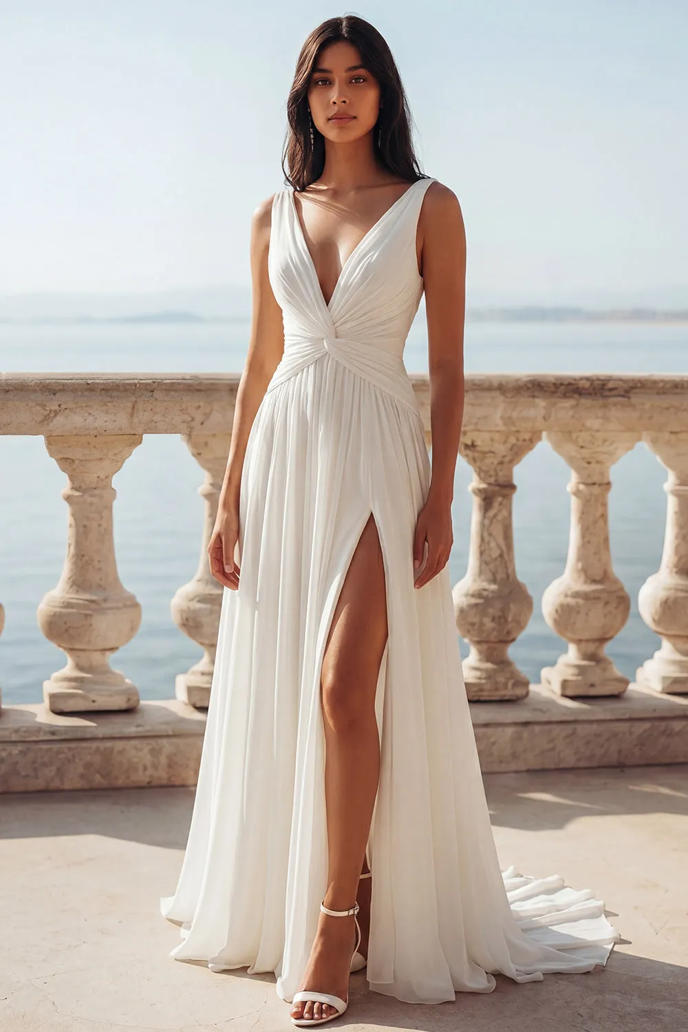 Ivory V-Neck Ruched Twist Front A Line Wedding Dress with Slit sold by Wedtrend
