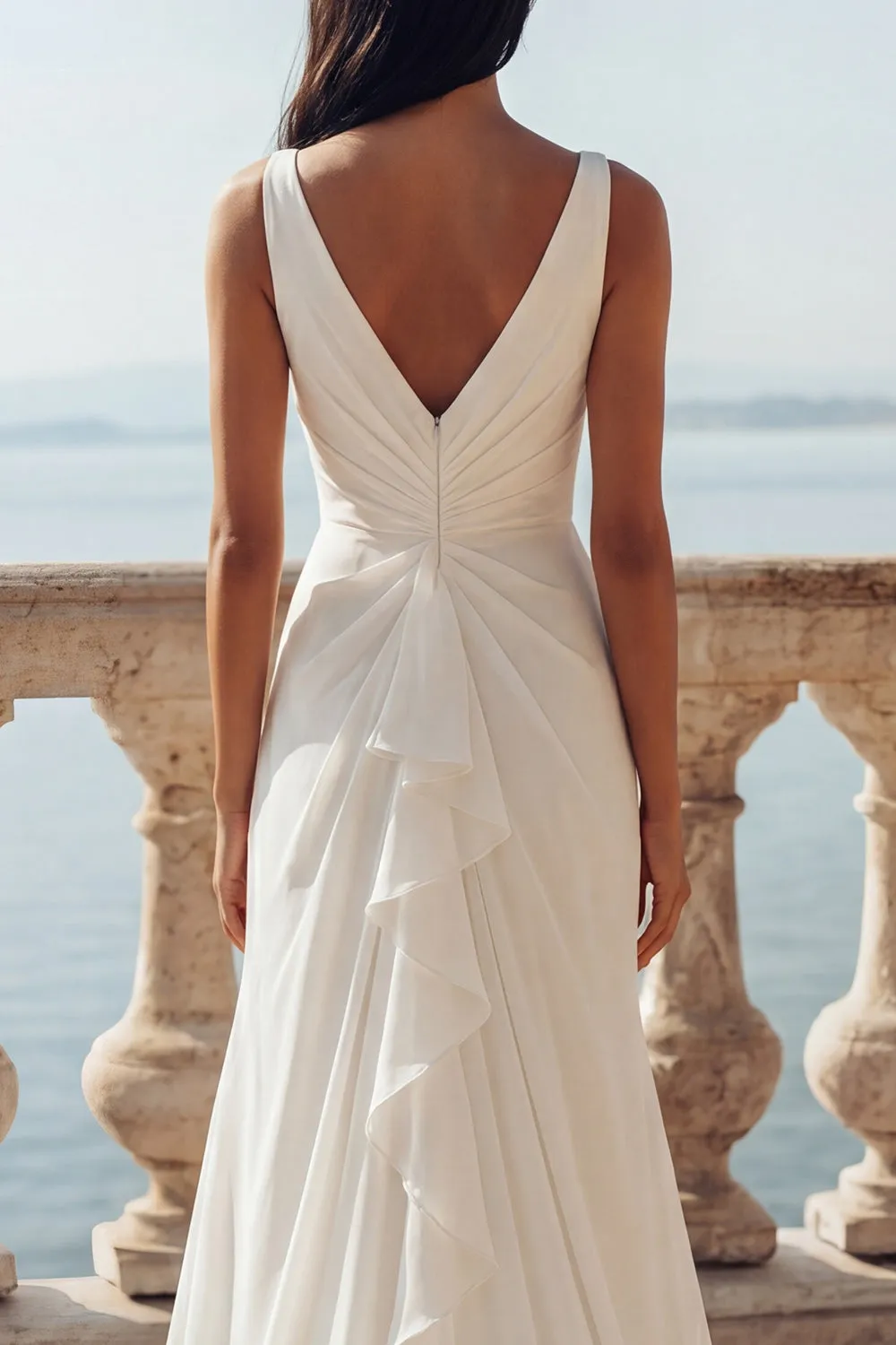 Ivory V-Neck Ruched Ruffled Mermaid Wedding Dress with Slit sold by Wedtrend product image thumbnail 4