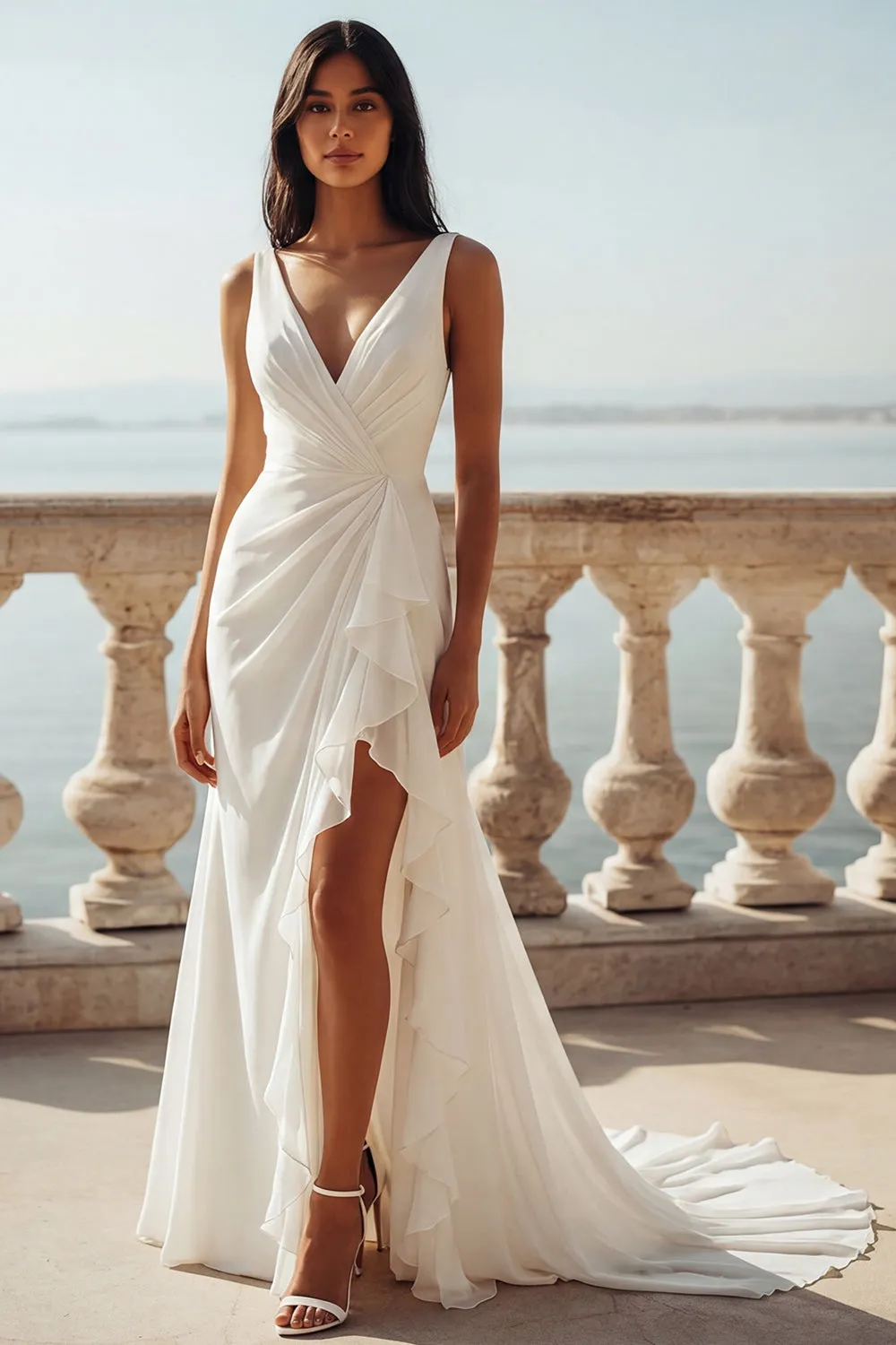 Ivory V-Neck Ruched Ruffled Mermaid Wedding Dress with Slit sold by Wedtrend