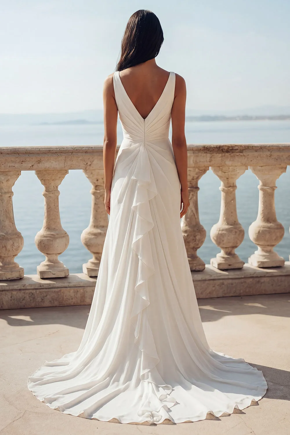 Ivory V-Neck Ruched Ruffled Mermaid Wedding Dress with Slit sold by Wedtrend product image thumbnail 2
