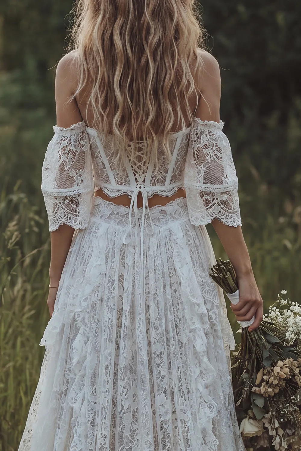2 Piece Ivory Lace Off the Shoulder Corset Boho Wedding Dress sold by Wedtrend product image thumbnail 4