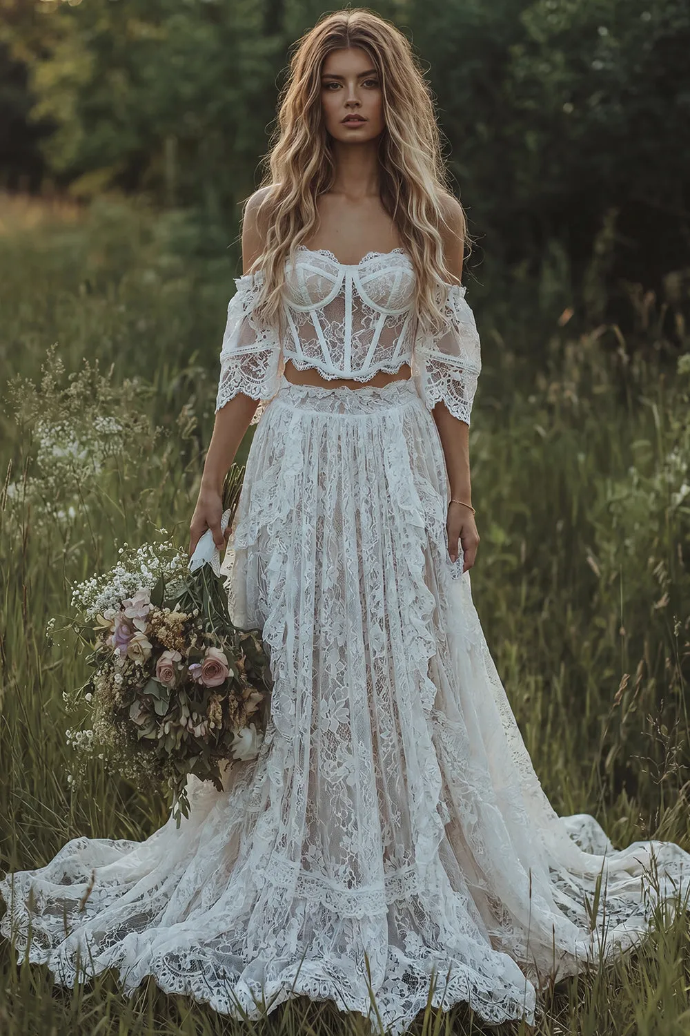 2 Piece Ivory Lace Off the Shoulder Corset Boho Wedding Dress sold by Wedtrend