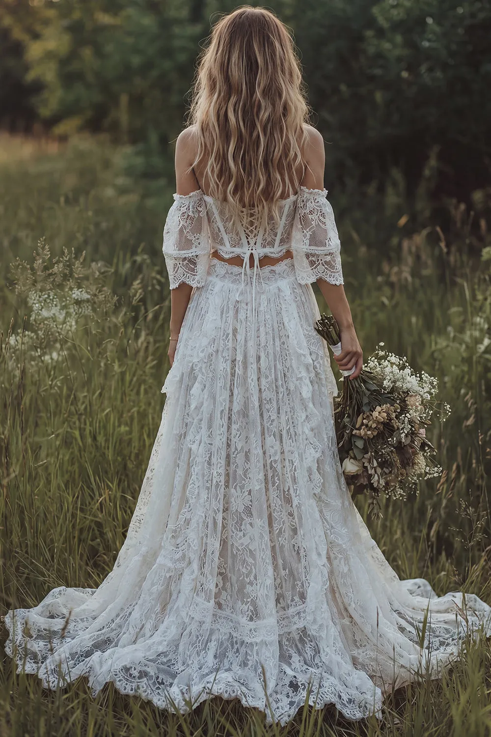 2 Piece Ivory Lace Off the Shoulder Corset Boho Wedding Dress sold by Wedtrend product image thumbnail 2