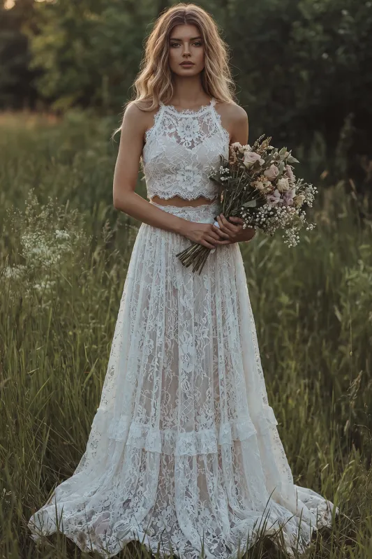 Boho Ivory Lace Ruffled A Line 2 Piece Wedding Dress made by Wedtrend