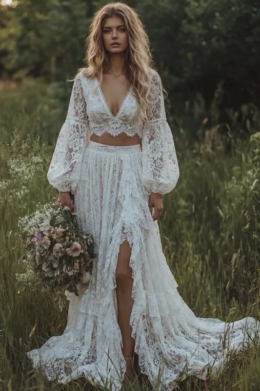 Lace Ivory 2 Piece V-Neck A Line Long Sleeve Boho Wedding Dress made by Wedtrend