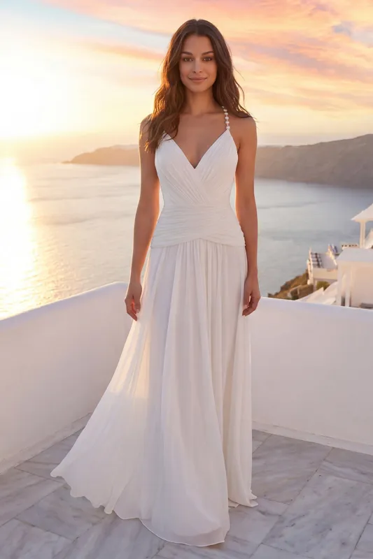 Ivory Ruched A Line V-Neck Beach Wedding Dress with Pearls made by Wedtrend