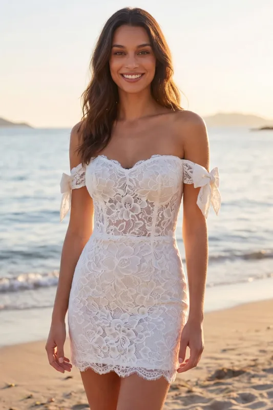 Ivory Off the Shoulder Lace Corset Short Wedding Dress with Bows made by Wedtrend