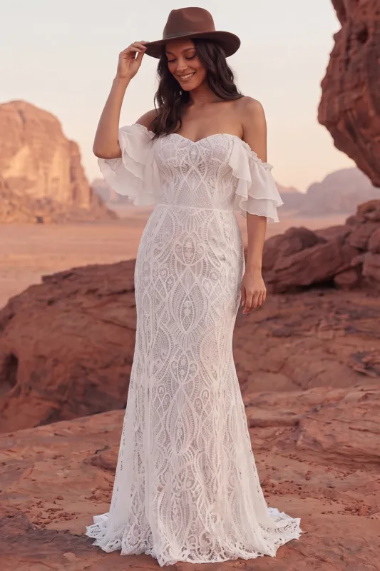 Mermaid Lace Off The Shoulder Ivory Engagement Dress made by Wedtrend