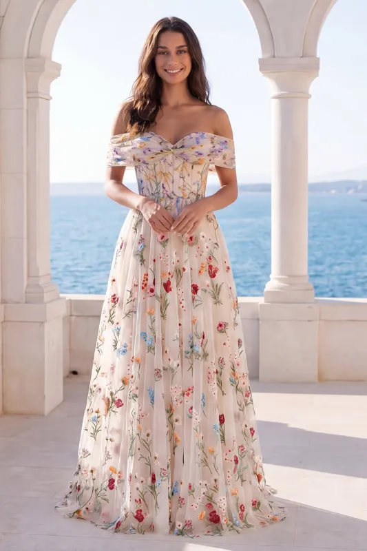 Off the Shoulder Ivory Floral Embroidered Corset A Line Wedding Dress made by Wedtrend