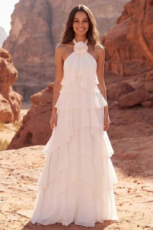 Halter Ruffled Ivory A Line Engagement Dress made by Wedtrend