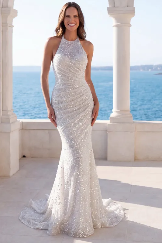 Halter Ivory Ruched Sequin Mermaid Wedding Dress with Pearls made by Wedtrend