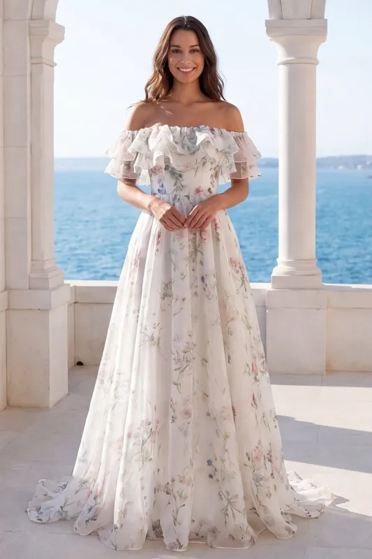 Off the Shoulder Ivory Floral Printed A Line Ruffled Wedding Dress made by Wedtrend