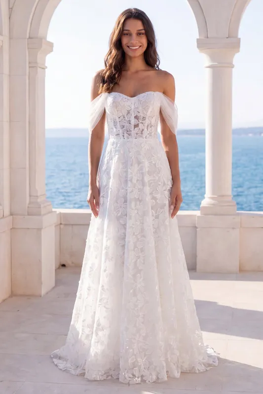 Off the Shoulder Ivory Embroidered Corset A Line Wedding Dress made by Wedtrend