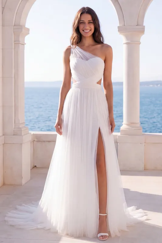 One Shoulder Ivory Cut Out A Line Wedding Dress with Slit made by Wedtrend