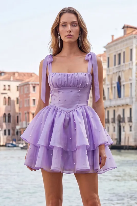 Cute Lilac A Line Pearl Tiered Short Homecoming Dress with Lace Up Back made by Wedtrend