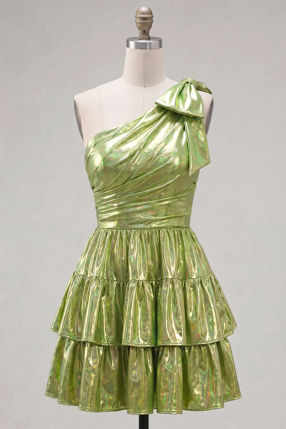 Green One Shoulder Metallic A Line Tiered Short Homecoming Dress sold by Wedtrend product image thumbnail 5