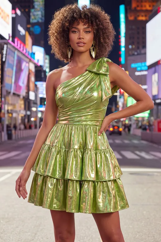 Green One Shoulder Metallic A Line Tiered Short Homecoming Dress made by Wedtrend