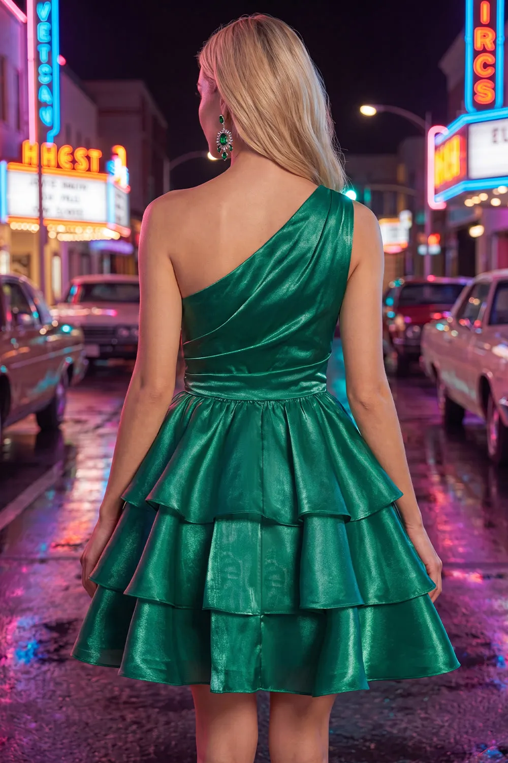 One Shoulder Tiered Ruffle A Line Dark Green Homecoming Dress sold by Wedtrend product image thumbnail 2