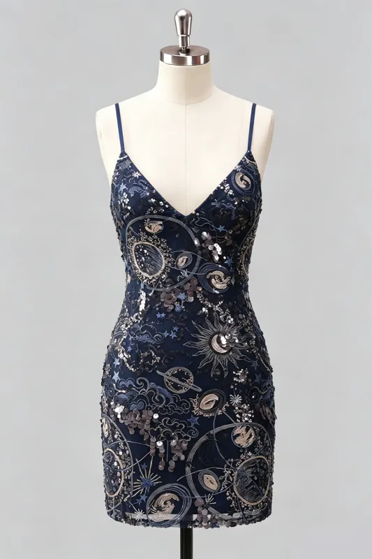 Navy Bodycon Sequin Embroidered Short Homecoming Dress made by Wedtrend