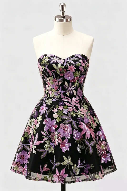 Strapless A Line Sequin Short Black Homecoming Dress made by Wedtrend