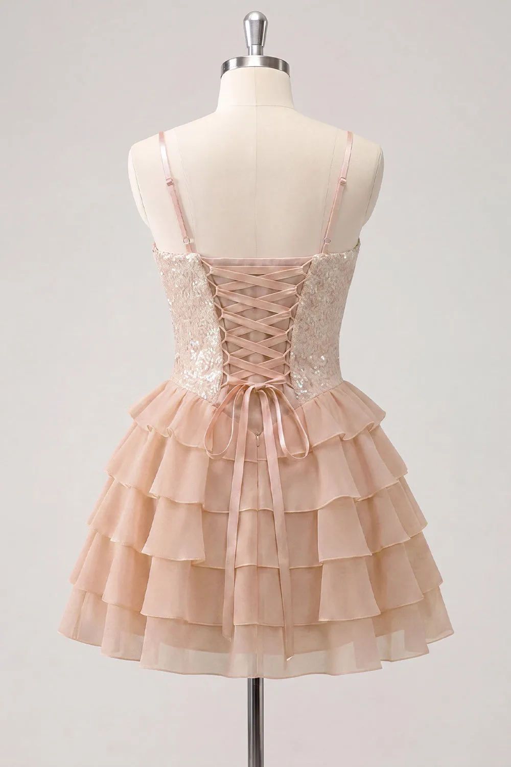Champagne A Line Sequin Tiered Ruffle Short Homecoming Dress sold by Wedtrend product image thumbnail 4