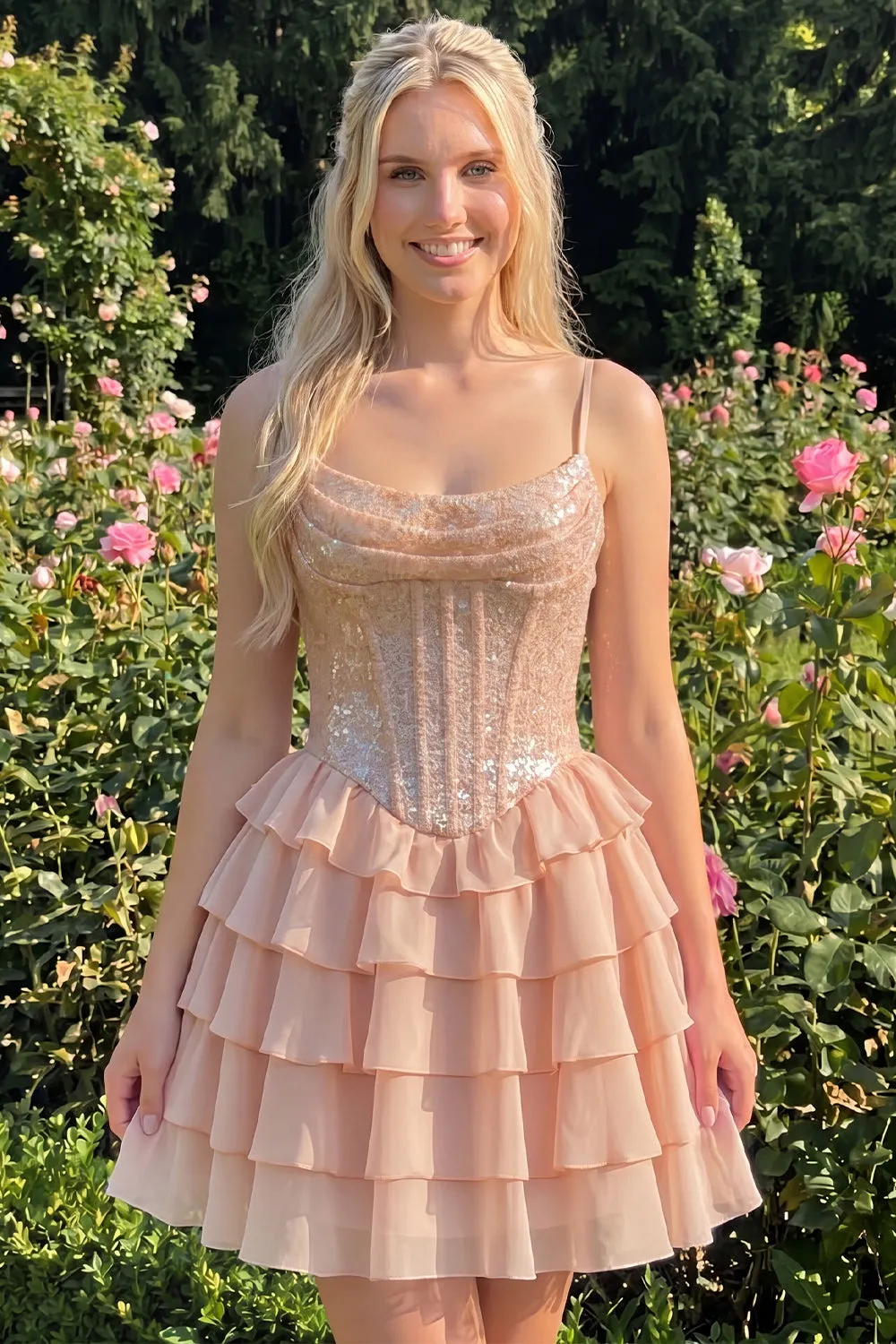 Champagne A Line Sequin Tiered Ruffle Short Homecoming Dress sold by Wedtrend