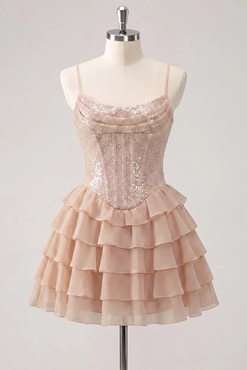 Champagne A Line Sequin Tiered Ruffle Short Homecoming Dress sold by Wedtrend product image thumbnail 3